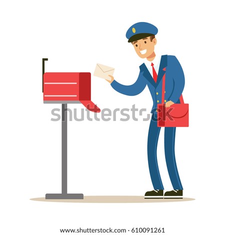 Postman In Blue Uniform Delivering Mail, Putting Letters In Mailbox, Fulfilling Mailman Duties With A Smile