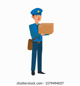Postman with blue uniform flat vector. 
