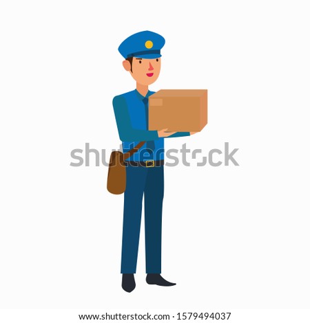 Postman with blue uniform flat vector. 