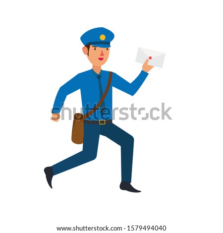 Postman with blue uniform flat vector. 