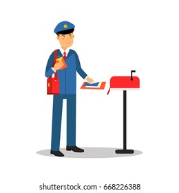 Postman in blue uniform putting letters in mailbox, cartoon character vector Illustration