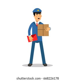 Postman in blue uniform with red bag holding cardboard box cartoon character, express delivery mail vector Illustration