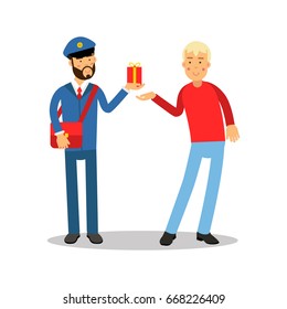 Postman in blue uniform with red bag giving a parcel to a man cartoon character, express delivery mail vector Illustration