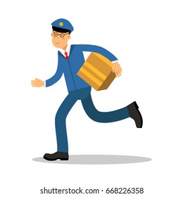 Postman in blue uniform running delivering parcel cartoon character, express delivery mail vector Illustration