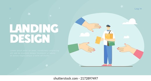 Postman with box and envelope in center surrounded by hands stretching to him. People waiting for mail flat vector illustration. Delivery service concept for banner, website design or landing web page