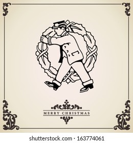 Postman bringing a big Christmas wreath. Vintage Christmas card vector. Isolated on aged bordered paper.