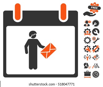 Postman Calendar Day icon with bonus service pictograms. Vector illustration style is flat iconic symbols, orange and gray, white background.