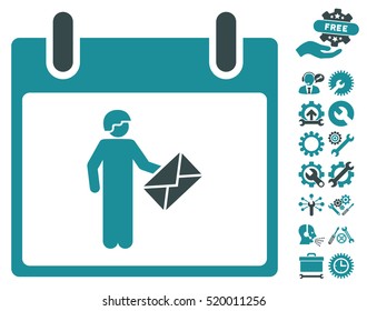 Postman Calendar Day icon with bonus settings design elements. Vector illustration style is flat iconic symbols, soft blue, white background.
