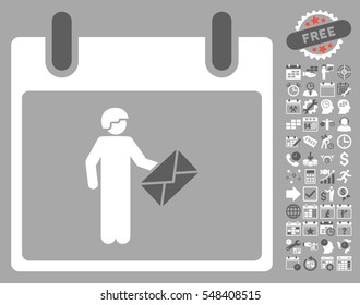 Postman Calendar Day icon with bonus calendar and time management icon set. Vector illustration style is flat iconic symbols, dark gray and white, silver background.