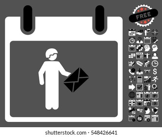 Postman Calendar Day icon with bonus calendar and time management symbols. Vector illustration style is flat iconic symbols, black and white, gray background.