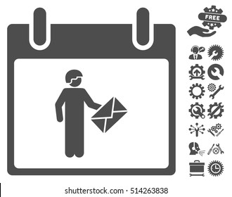 Postman Calendar Day pictograph with bonus configuration icon set. Vector illustration style is flat iconic symbols, gray, white background.