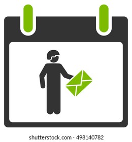 Postman Calendar Day vector pictogram. Style is flat graphic bicolor symbol, eco green and gray colors, white background.
