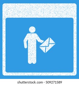 Postman Calendar Page grainy textured icon for overlay watermark stamps. Flat symbol with dust texture. Dotted vector white ink rubber seal stamp with grunge design on a blue background.