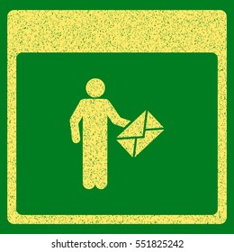 Postman Calendar Page grainy textured icon for overlay watermark stamps. Flat symbol with scratched texture. Dotted vector yellow ink rubber seal stamp with grunge design on a green background.
