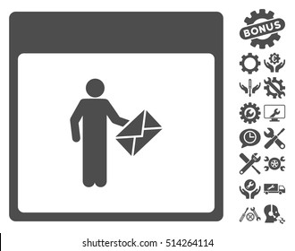 Postman Calendar Page icon with bonus setup tools images. Vector illustration style is flat iconic symbols, gray, white background.