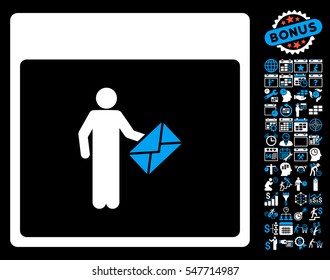 Postman Calendar Page icon with bonus calendar and time management images. Vector illustration style is flat iconic symbols, blue and white, black background.