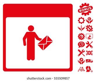Postman Calendar Page icon with bonus options clip art. Vector illustration style is flat iconic symbols, red, white background.