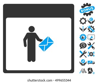 Postman Calendar Page pictograph with bonus options pictures. Vector illustration style is flat iconic symbols, blue and gray, white background.