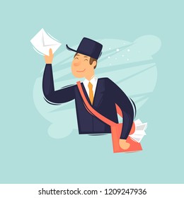 Postman carries a letter. Flat design vector illustration