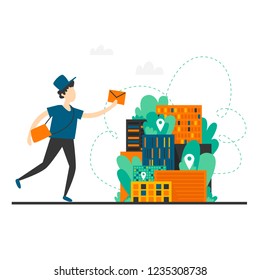 Postman carries letters. Flat style vector illustration.