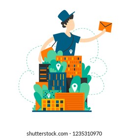 Postman carries letters. Flat style vector illustration.