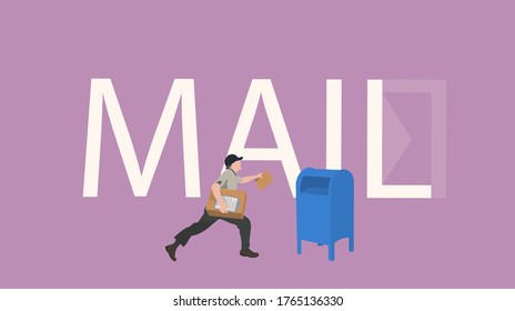 The postman carries letters, parcels. Illustration with the inscription mail.