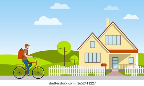 The postman carries mail on a bicycle. Postman rides a bicycle against the backdrop of a rural landscape. Vector illustration of mail delivery. Vector.