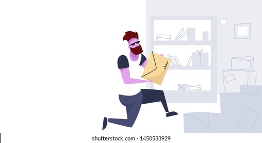 postman carrying envelope man holding important letter post office postal service correspondence delivery concept sketch doodle full length horizontal