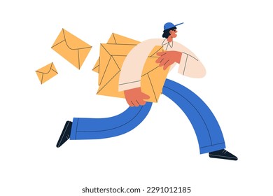 Postman carrying, holding envelopes. Mailman running with letters, correspondence. Fast mail man, courier. Post delivery service concept. Flat vector illustration isolated on white background