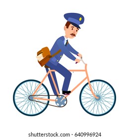Postman cartoon character in blue uniform delivering letter flat vector illustration isolated on white background. Mailman with mailbag riding on bicycle. Mustached postal courier with mail icon