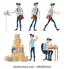 Postman cartoon icon for postal service occupation. Mailman in blue uniform with bag delivering letter to mailbox and post office worker sorting mail, box and parcel symbol for delivery service design