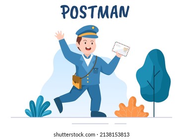 Postman Cartoon Vector Illustration Wearing a Uniform Carrying a Backpack Containing Letters to Send or Placing Envelope in Postal Service Mailbox