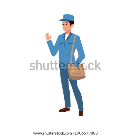 postman character in blue uniform and bag work vector illustration
