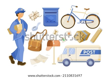 Postman character and delivery service set. Vector illustrations of mailman with bag delivering letters and boxes. Cartoon postal bicycle and car, mailbox isolated on white. Post office concept