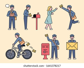 Postman character doing various tasks. flat design style minimal vector illustration.