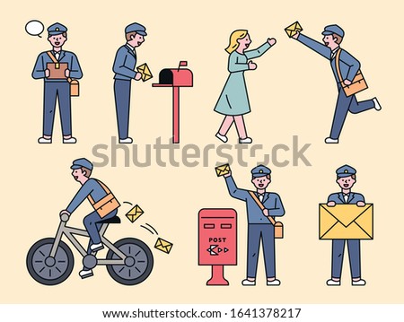 Postman character doing various tasks. flat design style minimal vector illustration.
