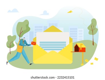 Postman character man running hold message letter, tiny mailman fast delivery mail flat vector illustration, isolated on white.