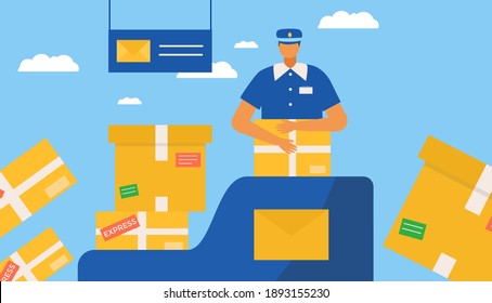 Parcela postal de embalaje de caracter Postman, cartero profesional en estuche de cartón de cartón ilustración vectorial plana, aislado en blanco. Diseño de banner web entrega express por internet, servicio de post moderno.