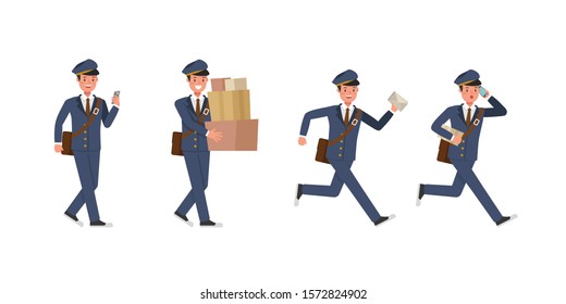 Postman character vector design. Presentation in various action.