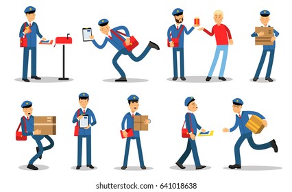 Postman characters in different situations set. Mailmen in different situations doing their job cartoon vector Illustrations