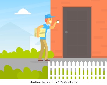 Postman or Courier Delivering Parcel, Deliveryman Ringing Door of House Vector Illustration