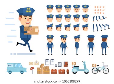 Postman creation kit. Create your own pose, action, animation. Various emotions, gestures, design elements. Flat design vector illustration