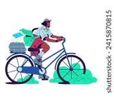 Postman deliver mail by bicycle. Mailman carries envelopes, paper letters, stack of newspapers. Post worker ride bike. Delivery of correspondence. Flat isolated vector illustration on white background