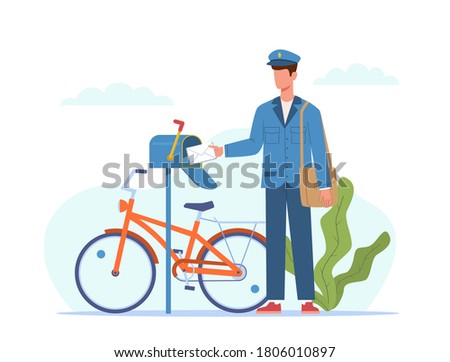 Postman deliver mail. Mailman in blue uniform and bicycle with bag delivering letters in mailbox, envelope message and parcel express delivery in postbox, logistic service cartoon vector flat concept