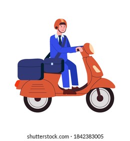 Postman entrega correo y paquetes usando dibujos animados planos de motocicletas
