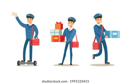 Postman Delivering Correspondence Set, Mailman Character in Blue Uniform and Cap Carrying Letters, Newspapers and Parcels Cartoon Vector Illustration