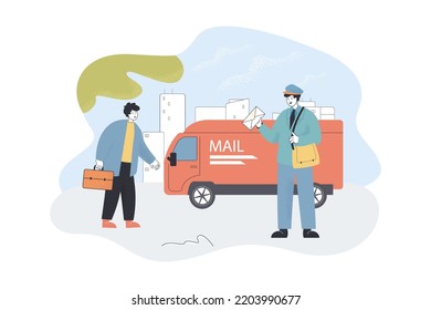 Postman Delivering Envelope With Letter Flat Vector Illustration. Postal Carrier In Uniform Carrying Messenger Bag. Service, Mail, Delivery Concept For Banner, Website Design Or Landing Web Page