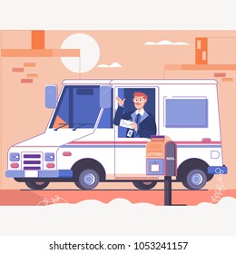 Postman delivering letters to mailbox of recipient.Smiling truck driver in the car.