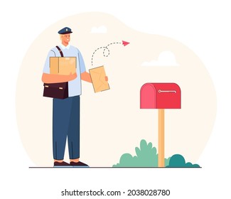 Postman delivering letters and parcels. Flat vector illustration. Man in uniform standing at mailbox with correspondence. Mail, delivery, information transfer, service concept for banner design