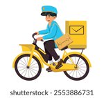 postman delivering letters and parcels riding an electric bicycle. vector illustration.